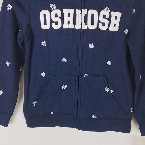 Oshkosh Full Zip‎ Fleece Hoodie Girl's Size 5T in Denim Blue w/ White Daisies - Picture 5 of 13
